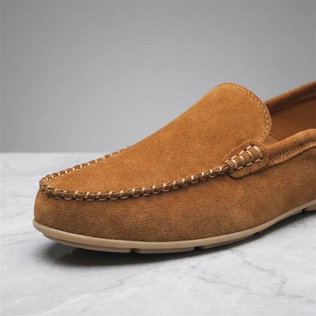 Cervia Suede Loafers — Apricot, close-up of the suede and whipstitched toe