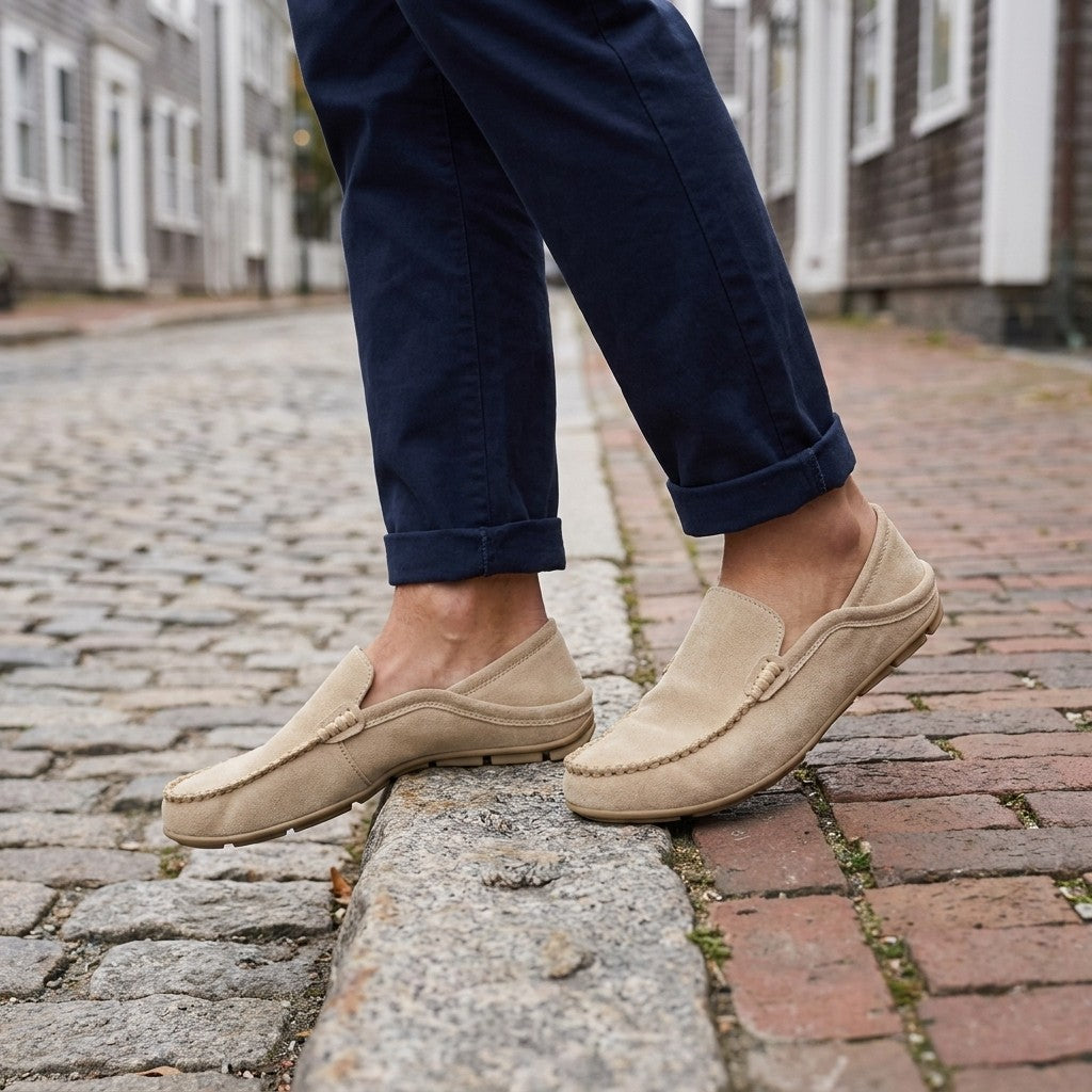 Cervia Suede Loafers — Khaki, worn sockless with cuffed navy chinos on a cobblestone street curb