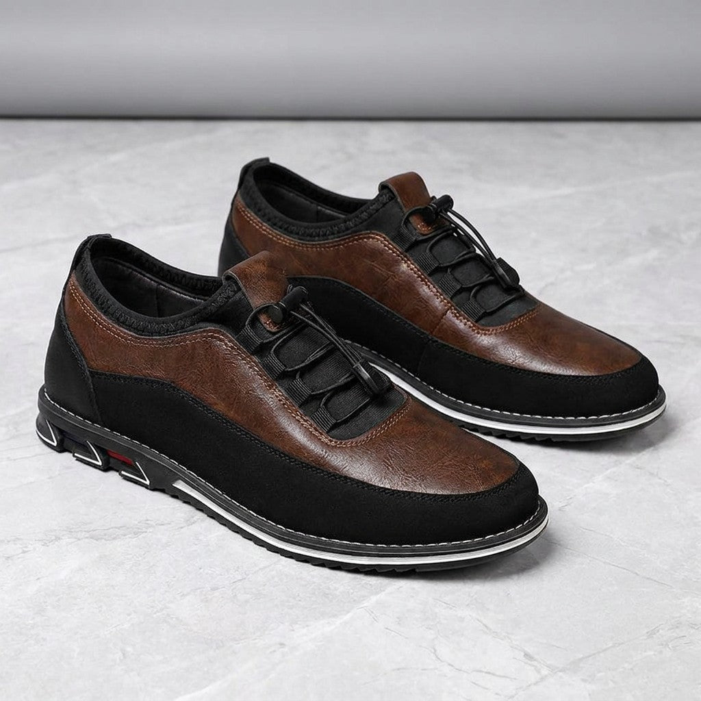 Fondi Leather Dress Shoes — Chestnut Brown, pair in three-quarter view on light-grey marble