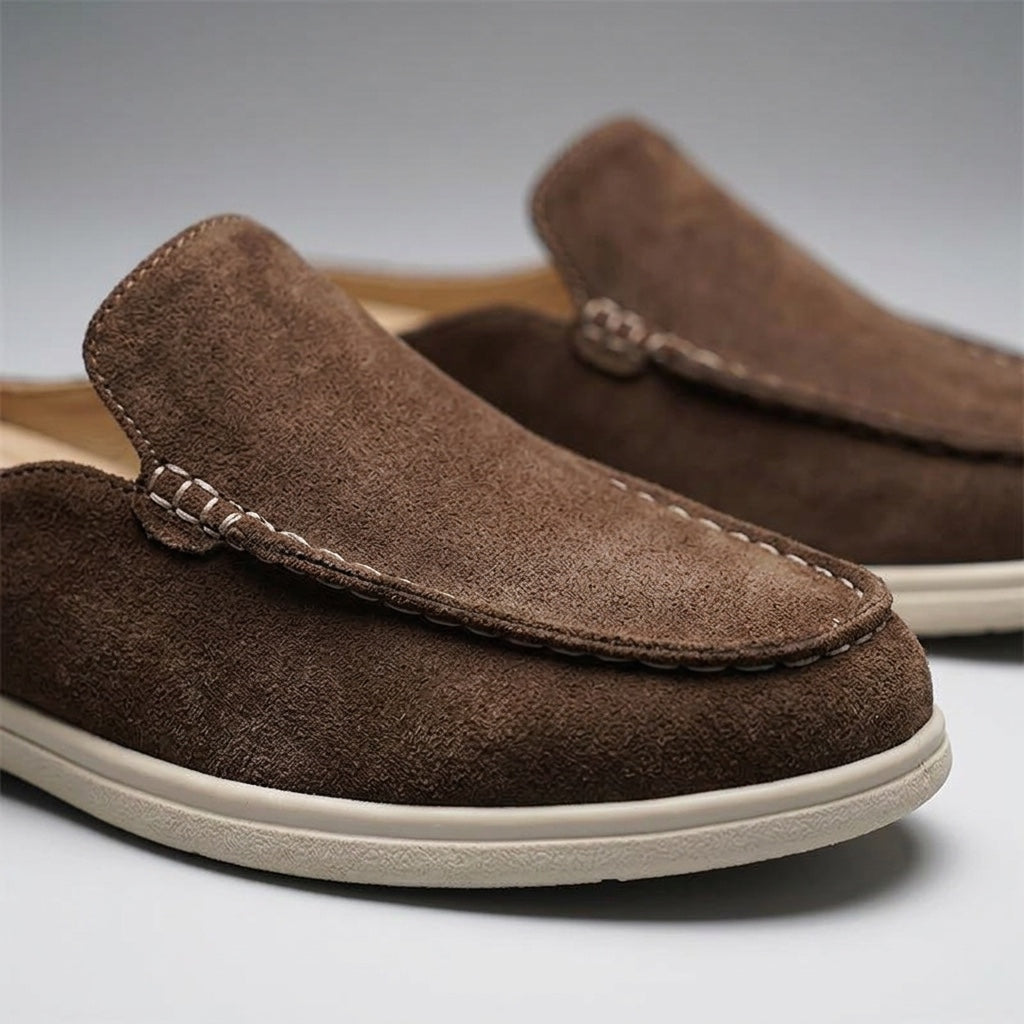 Falmouth Suede Loafers — Brown, close-up toe and vamp suede texture