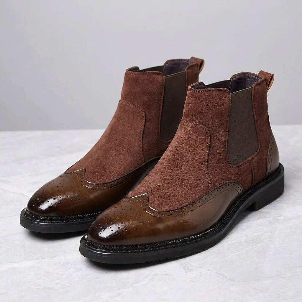 Dozza Brogue Chelsea Boots — Brown, pair of Chelsea boots, three-quarter view on light grey marble