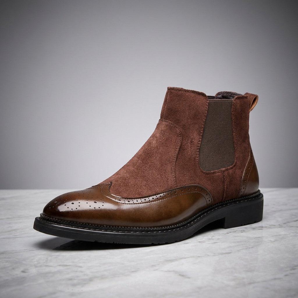 Dozza Brogue Chelsea Boots — Brown, single boot in side profile on light grey marble