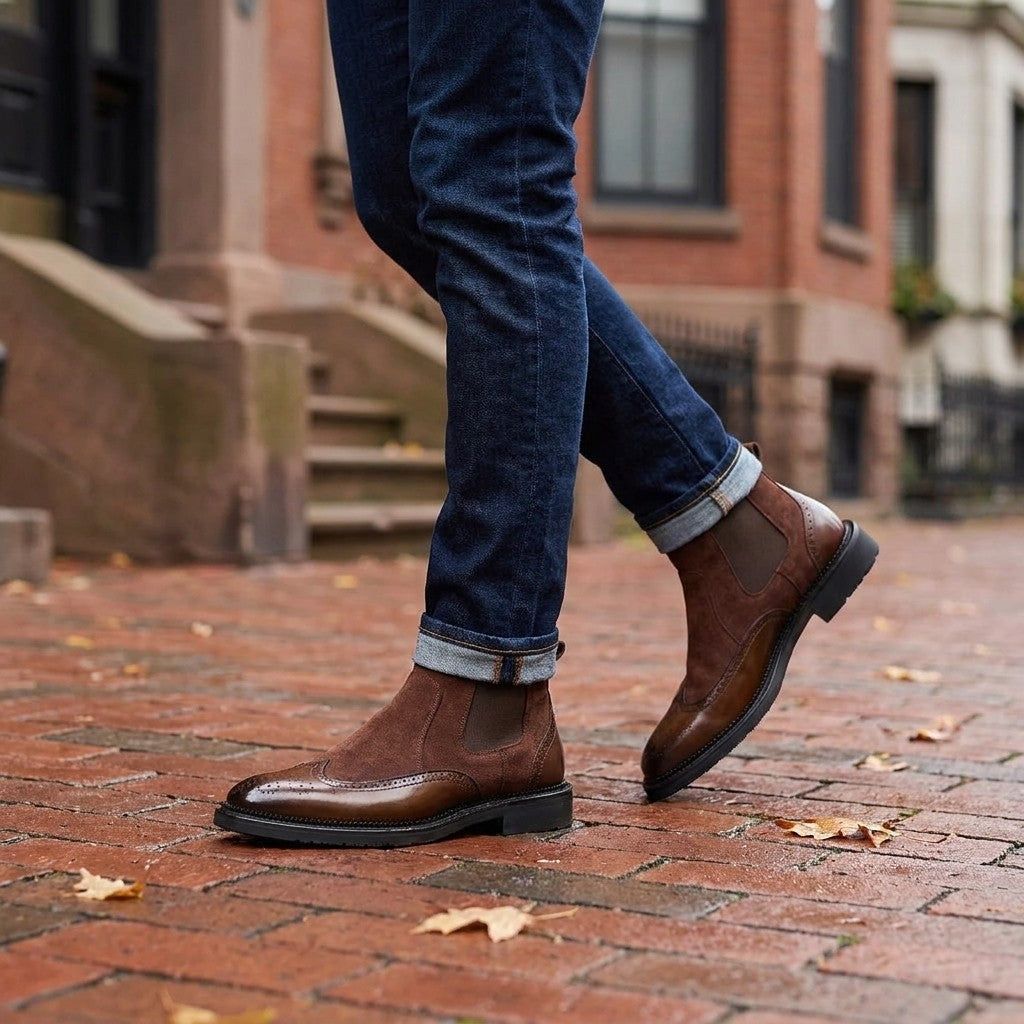Dozza Brogue Chelsea Boots — Brown, worn with cuffed dark jeans on a brick sidewalk in Boston's Back Bay