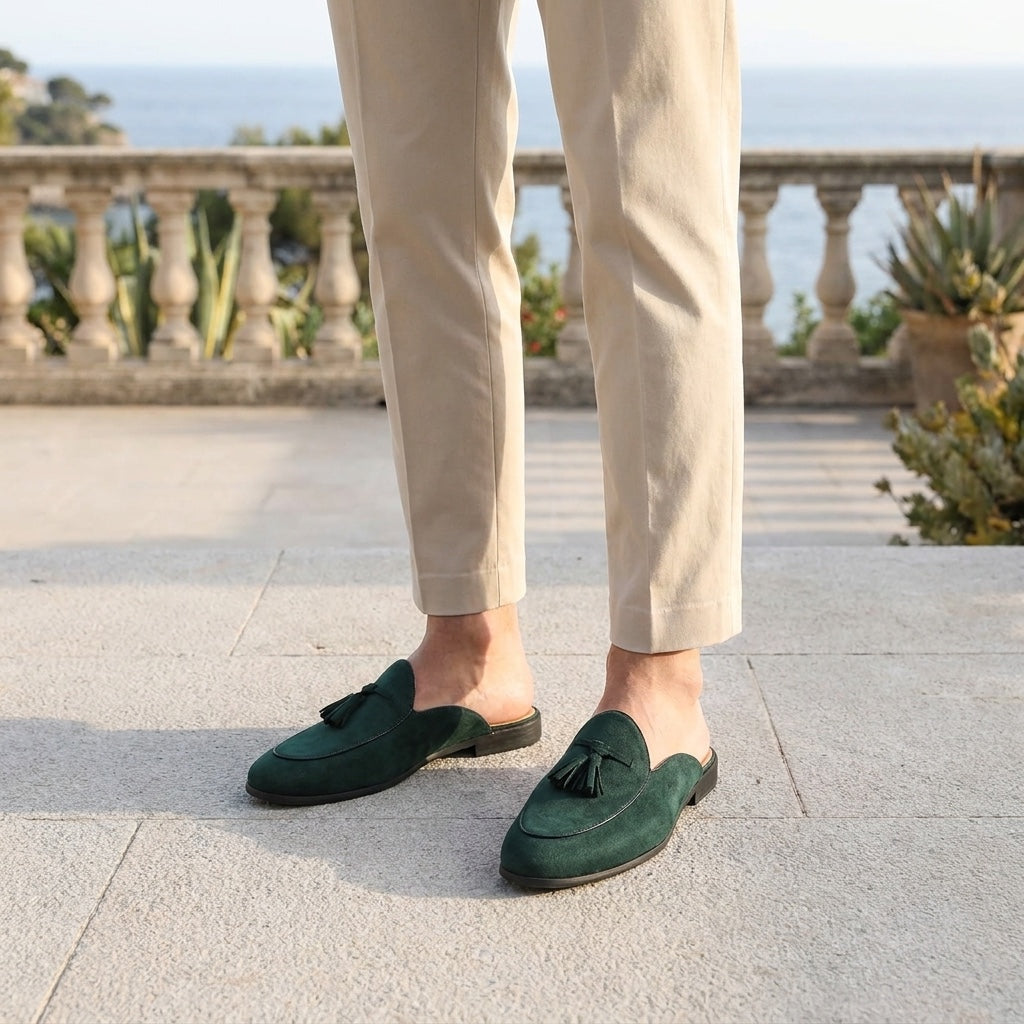 Pienza Suede Mules — Dark Green, male model knee-down coastal terrace
