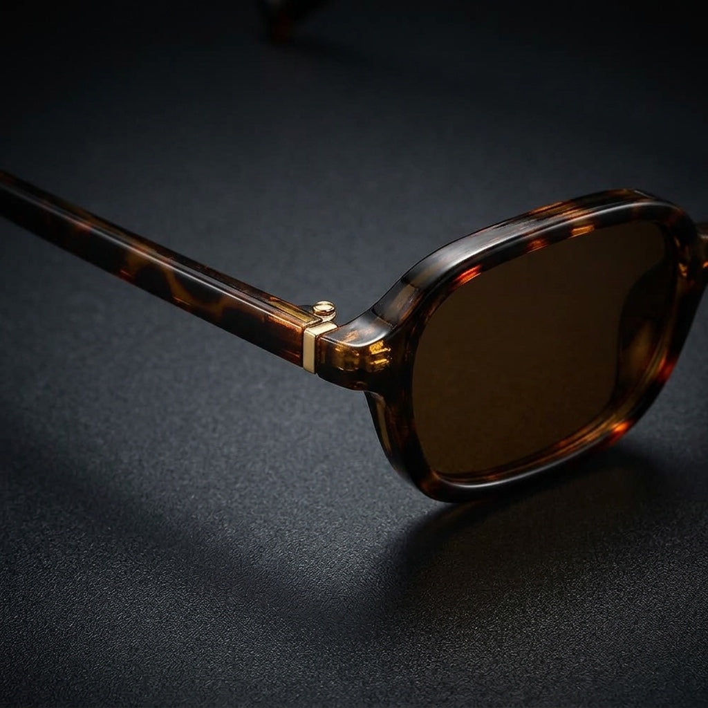 Salina Rectangle Sunglasses — Tortoise, gold hinge pin close-up