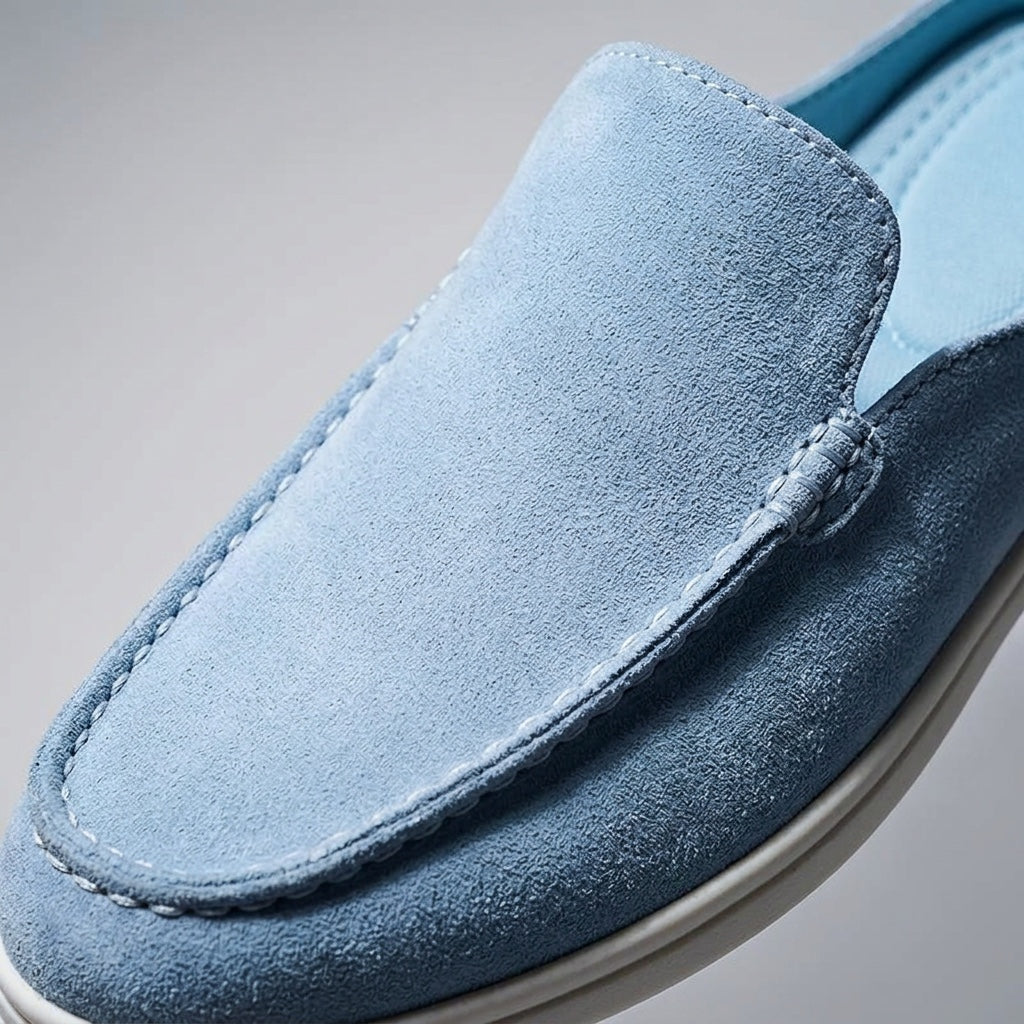 Falmouth Suede Loafers — Blue, close-up toe and vamp suede texture