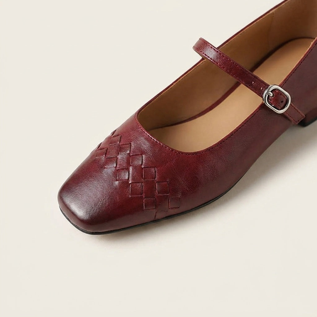 Cremona Mary Janes — Wine, close view of the woven toe and buckle