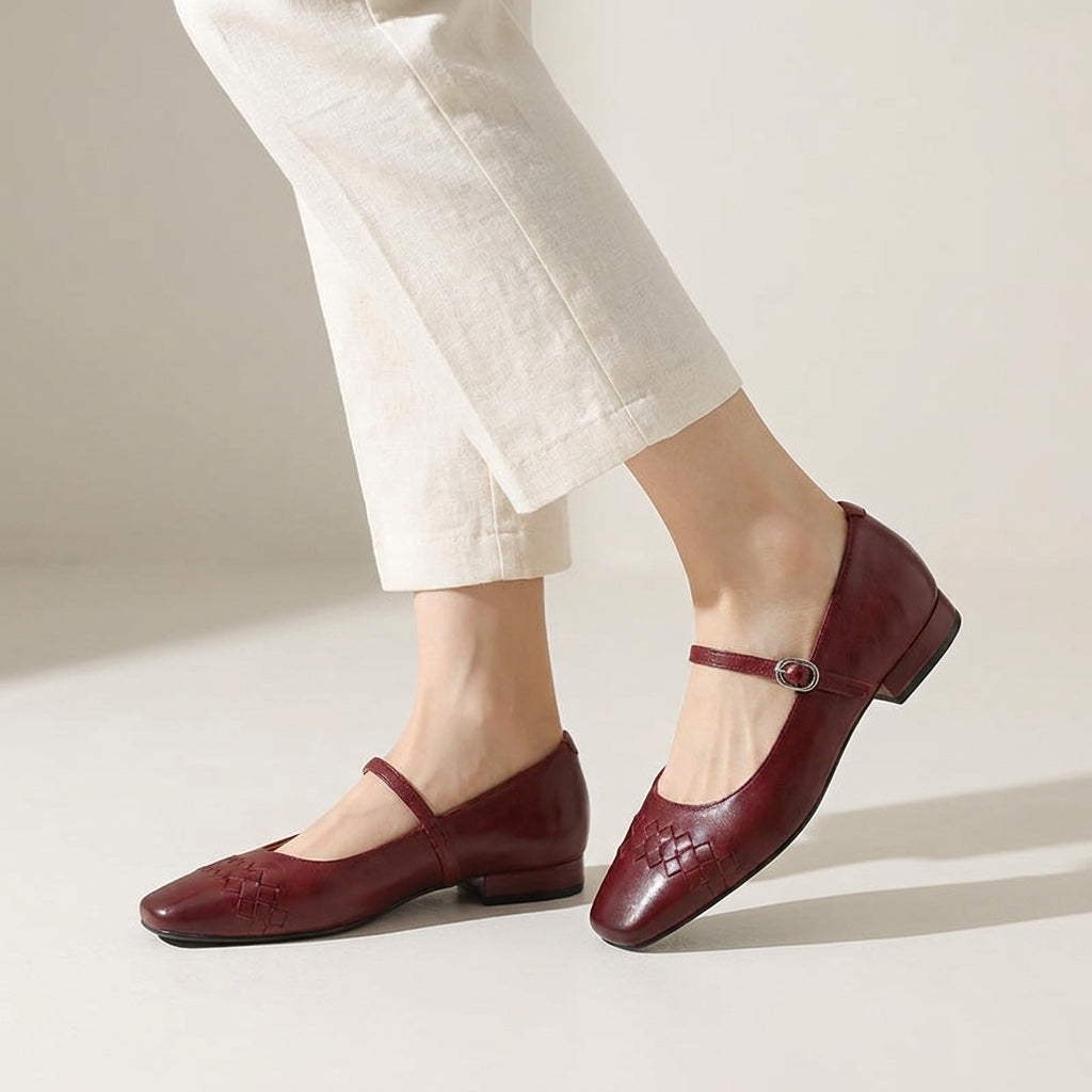 Cremona Mary Janes — Wine, worn view in the studio, from the knee down
