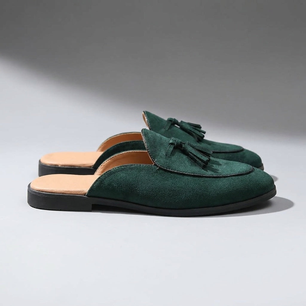Pienza Suede Mules — Dark Green, side profile, full silhouette toe to heel