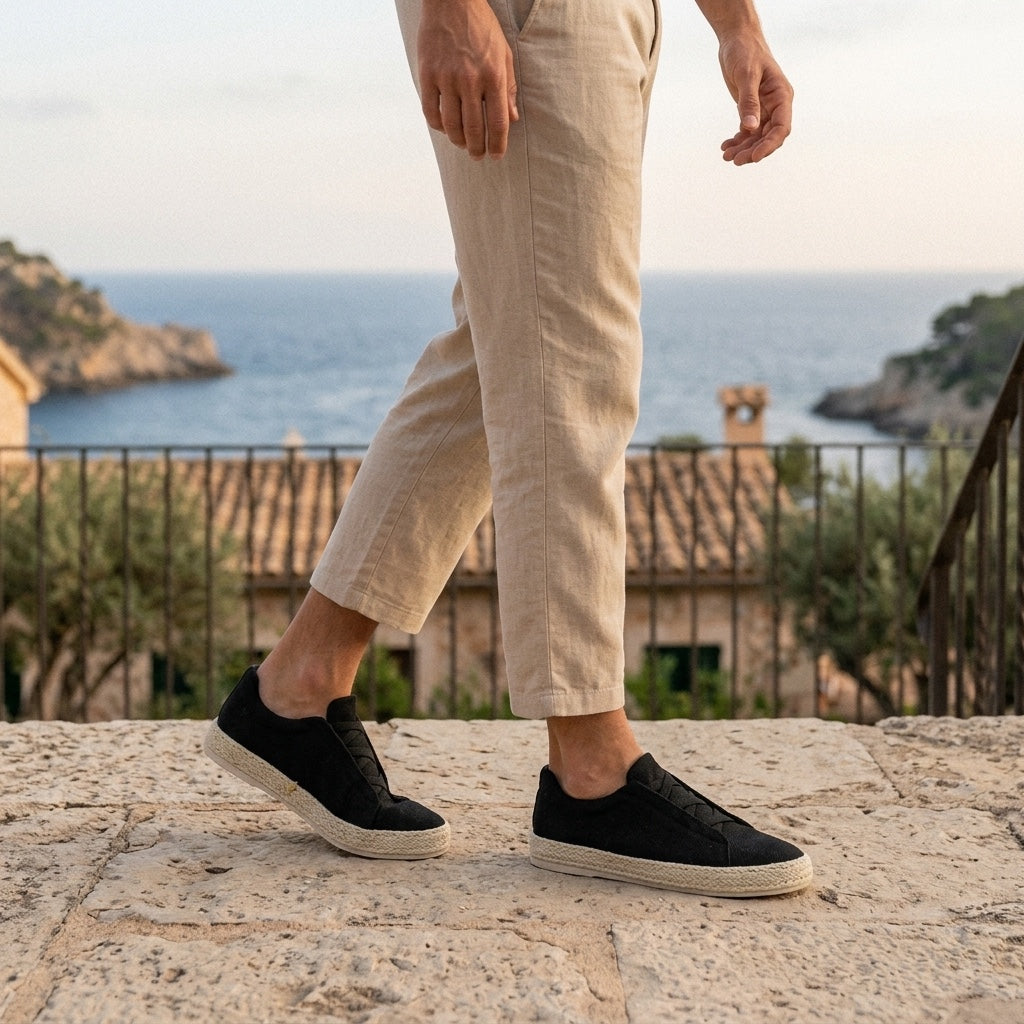 Bosa Espadrille Sneakers — Black, worn on a coastal stone terrace