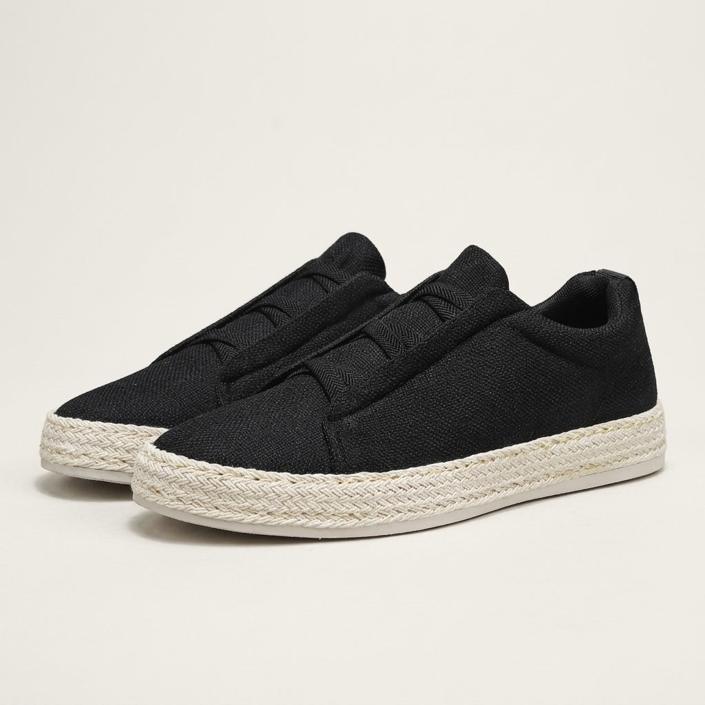 Bosa Espadrille Sneakers — Black, three-quarter studio view