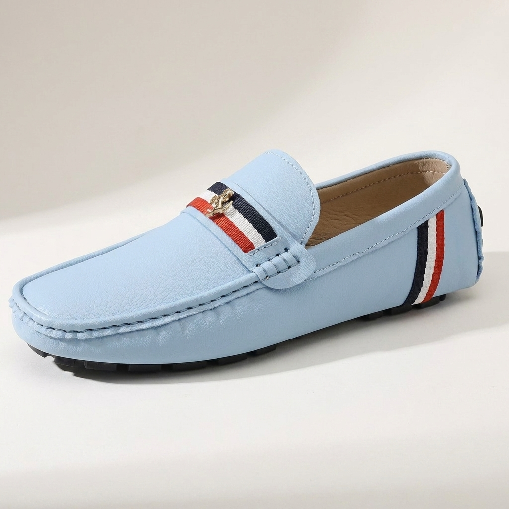Palinuro Stripe Loafers — Powder Blue, three-quarter studio view