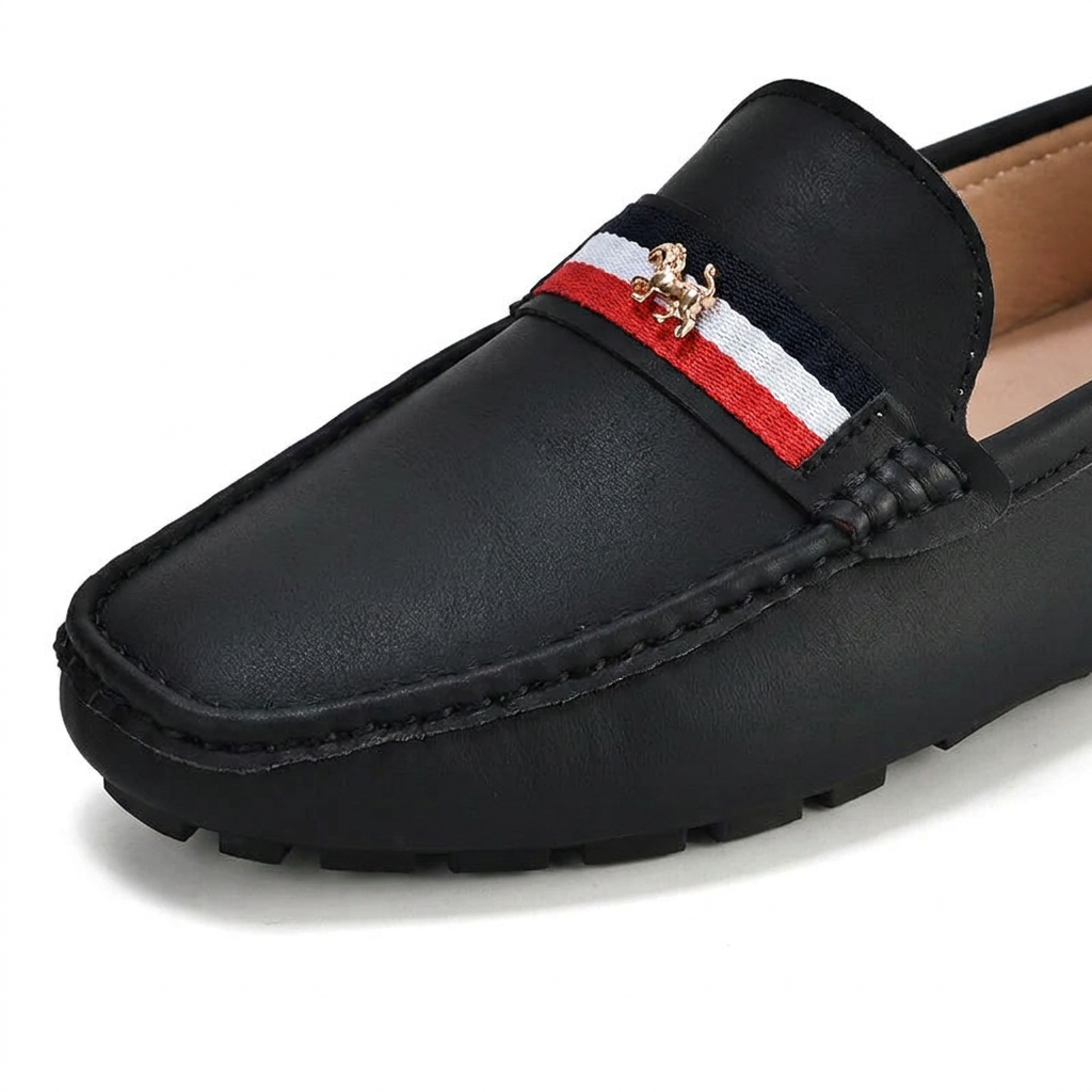 Palinuro Stripe Loafers — Black, saddle stripe and charm detail
