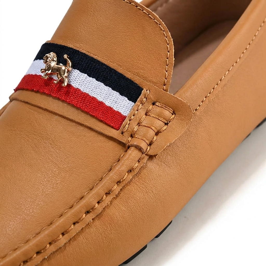 Palinuro Stripe Loafers — Tan, saddle stripe and charm detail
