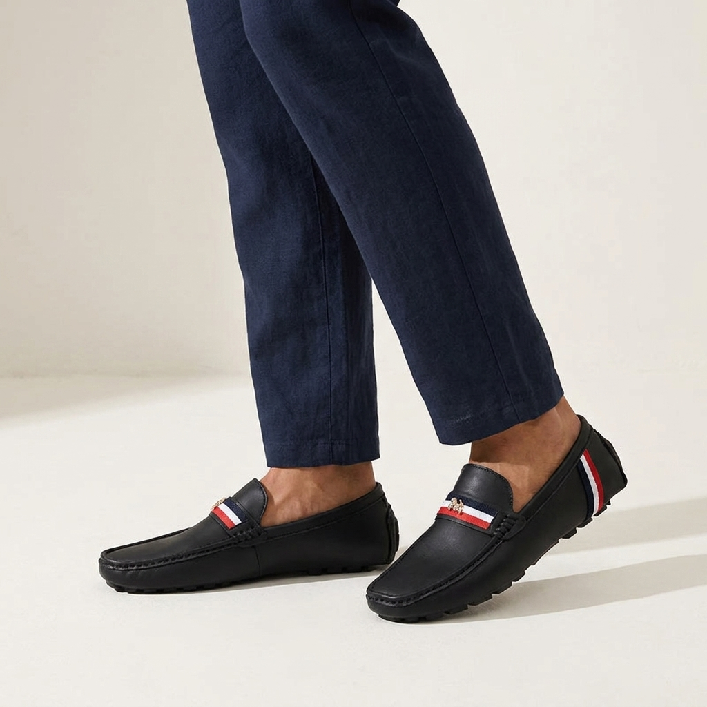 Palinuro Stripe Loafers — Black, worn on model, studio