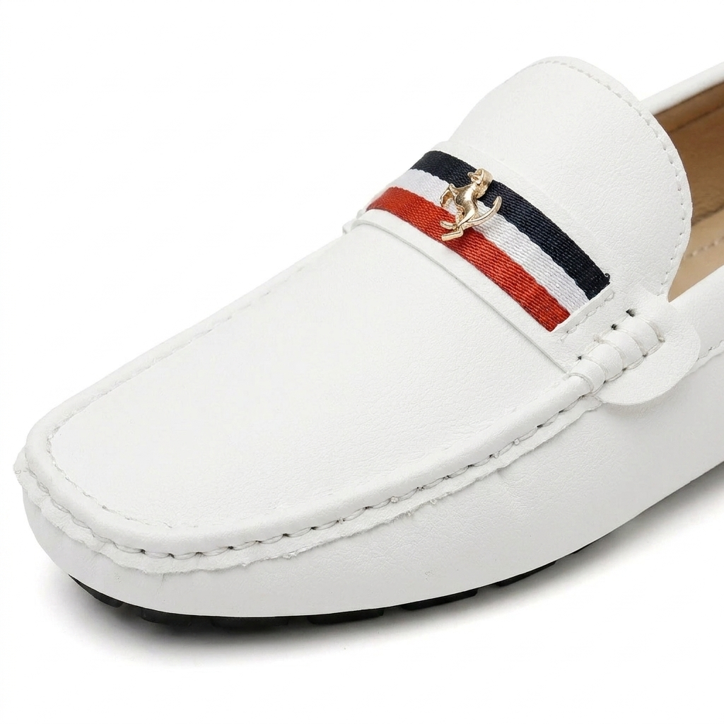 Palinuro Stripe Loafers — White, saddle stripe and charm detail