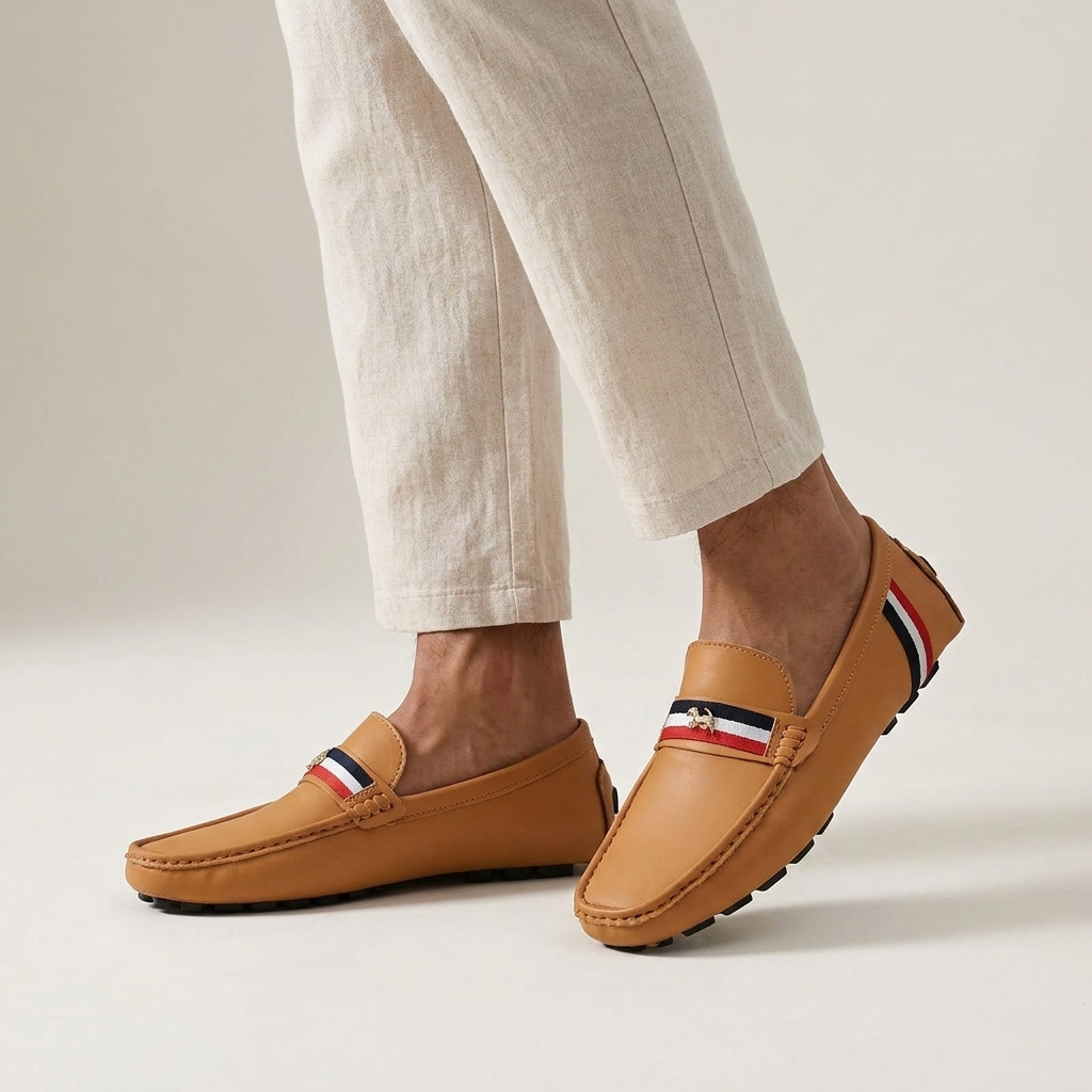 Palinuro Stripe Loafers — Tan, worn on model, studio