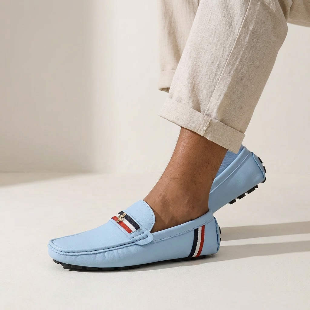 Palinuro Stripe Loafers — Powder Blue, worn on model, studio