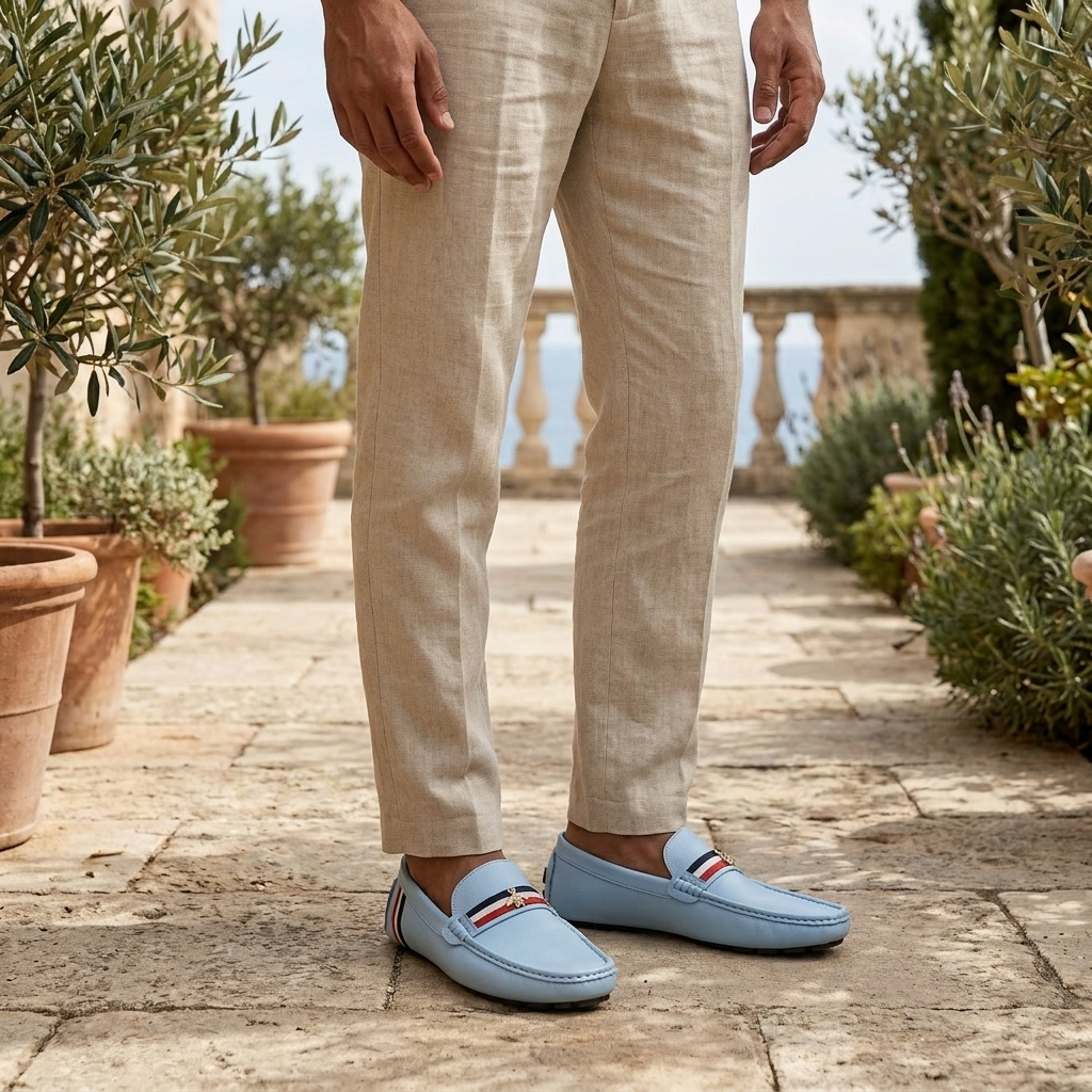 Palinuro Stripe Loafers — Powder Blue, worn on model, coastal terrace