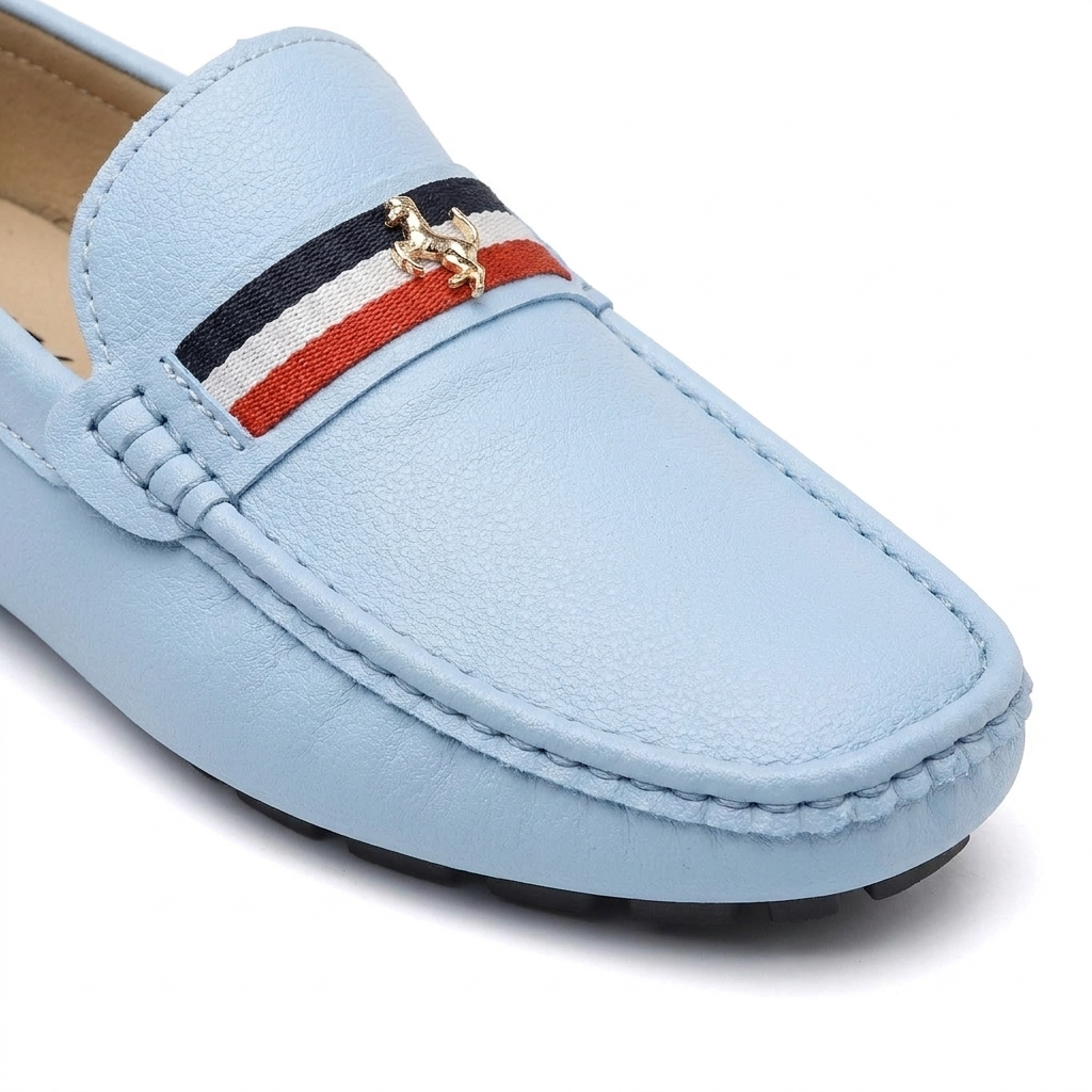 Palinuro Stripe Loafers — Powder Blue, saddle stripe and charm detail