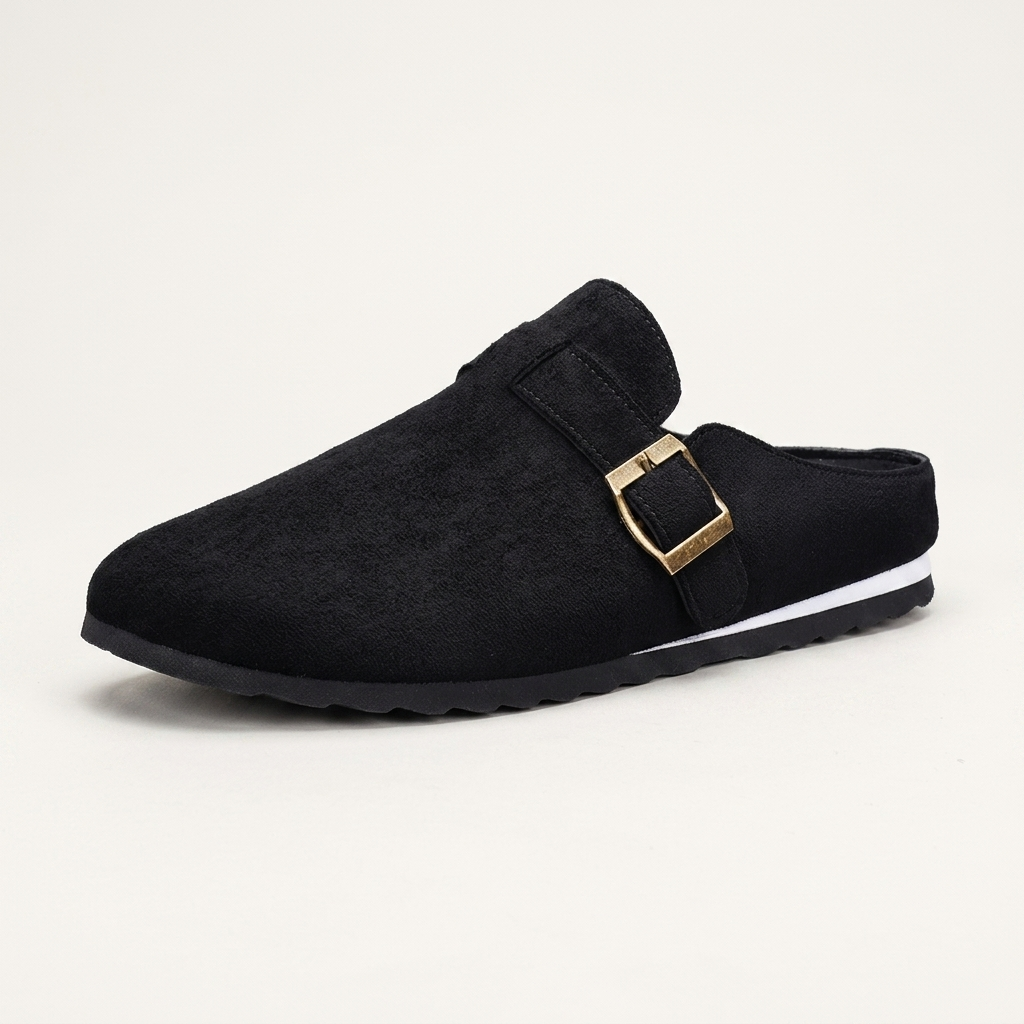 Tivoli Suede Mules — Black, three-quarter studio view