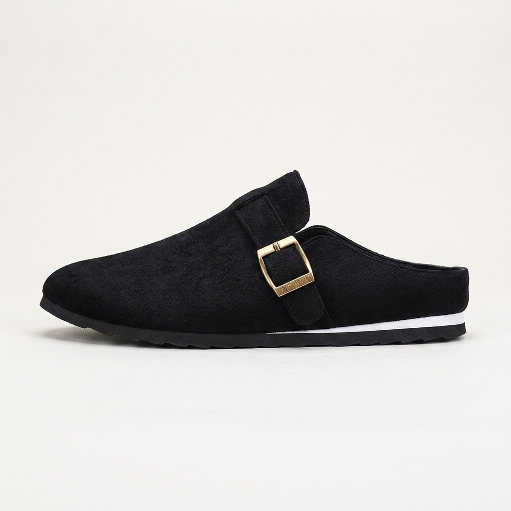 Tivoli Suede Mules — Black, side profile view