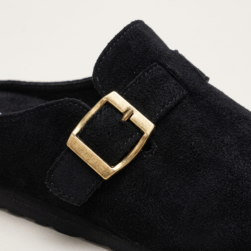Tivoli Suede Mules — Black, suede texture and gold buckle strap detail