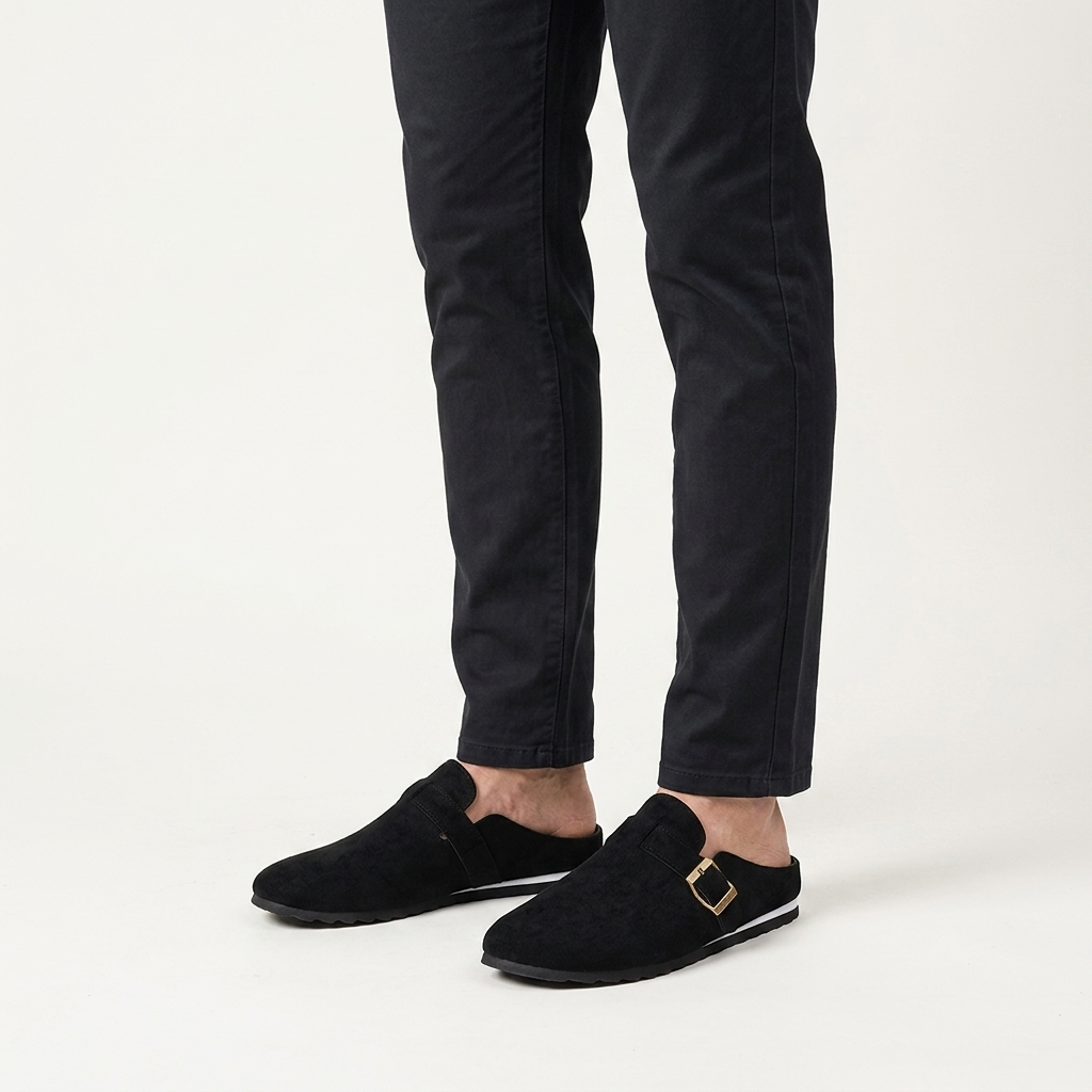 Tivoli Suede Mules — Black, worn on model, studio