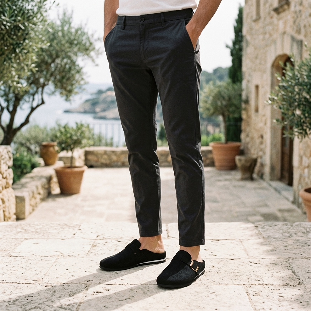 Tivoli Suede Mules — Black, worn on model, garden terrace
