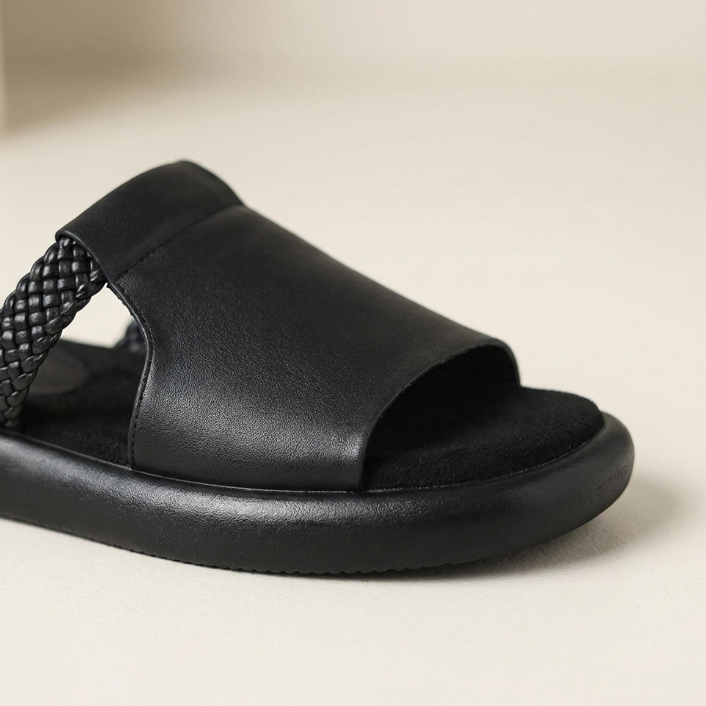 Mykonos Leather Slides — Black, close-up upper and sole edge