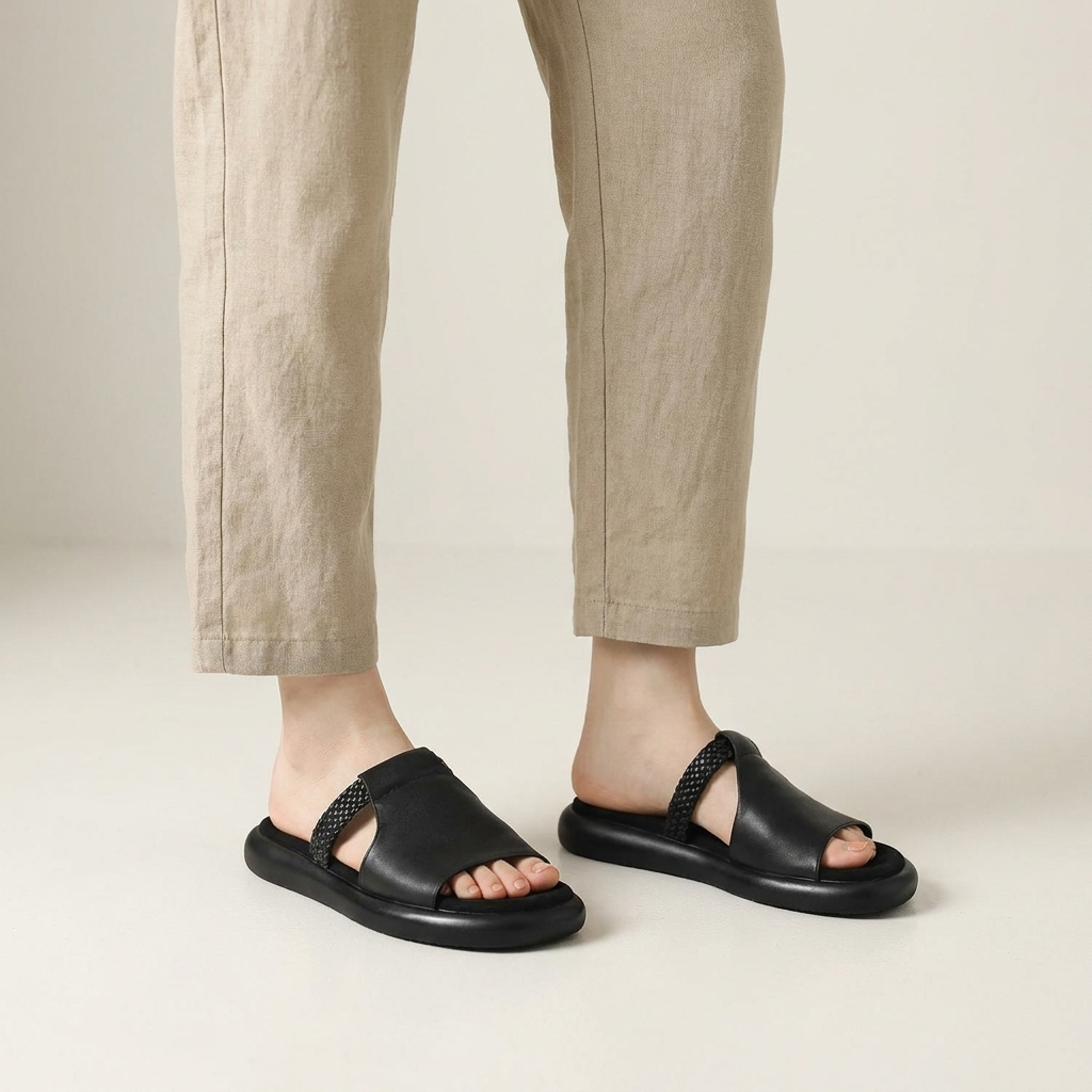 Mykonos Leather Slides — Black, knee-down studio model