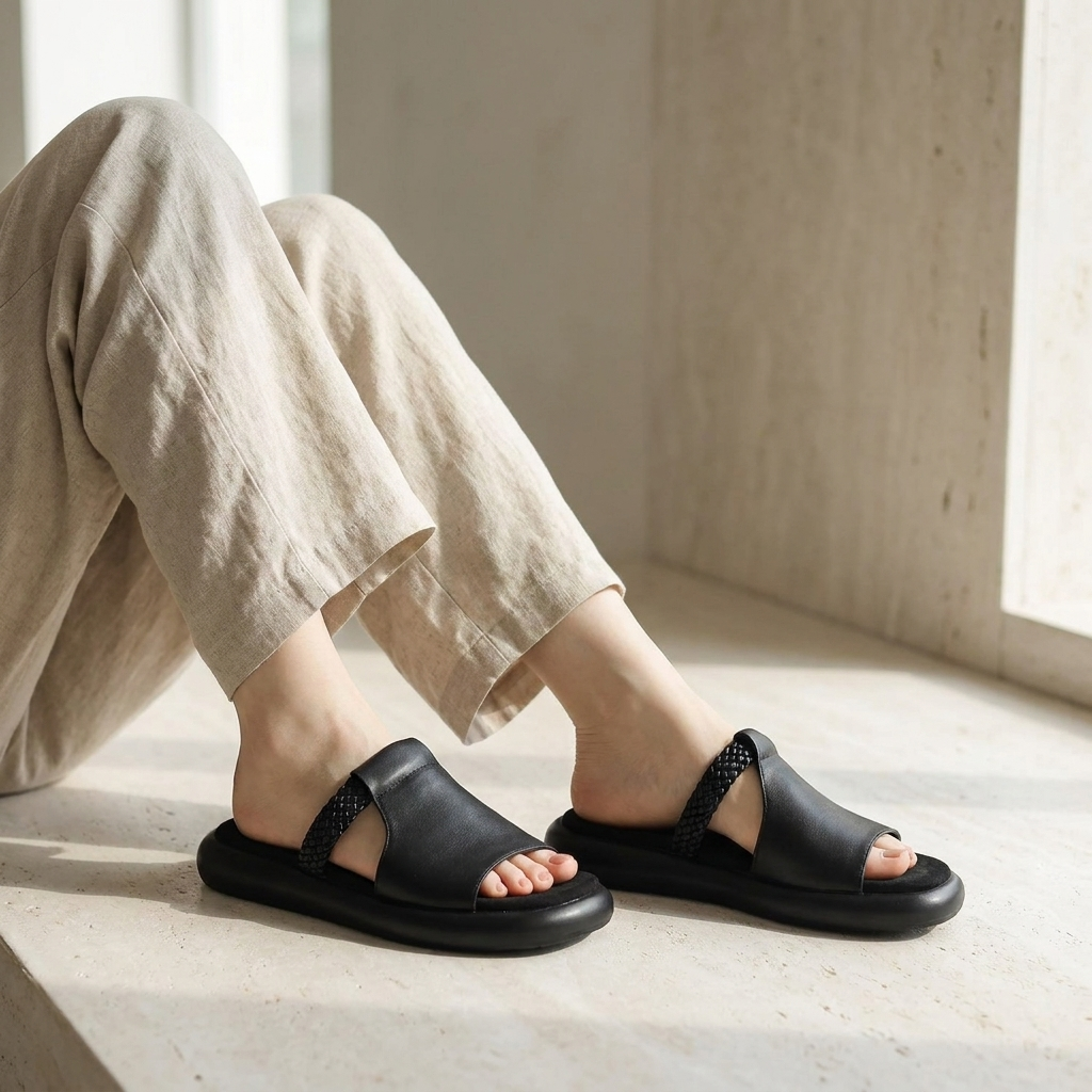 Mykonos Leather Slides — Black, knee-down model pale stone