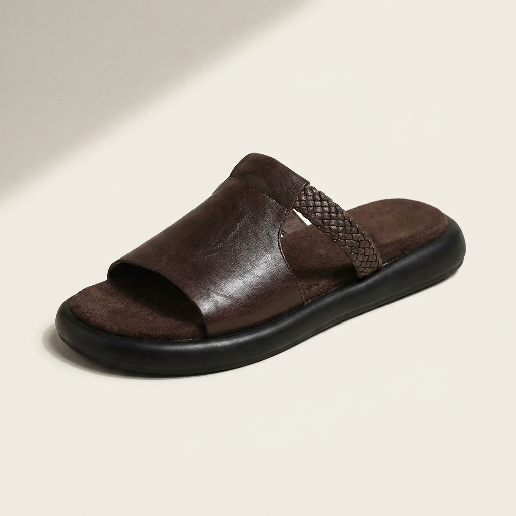 Mykonos Leather Slides — Brown, three-quarter studio view