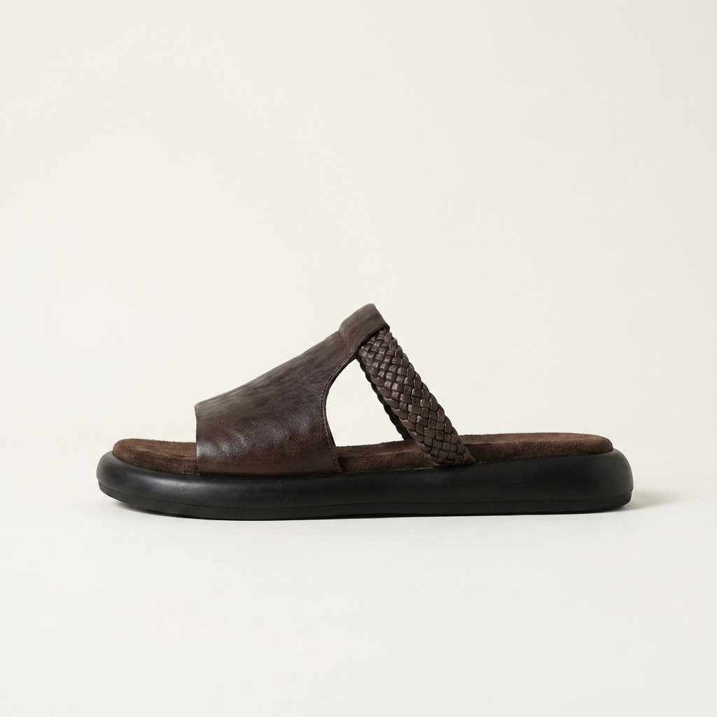 Mykonos Leather Slides — Brown, left-side profile