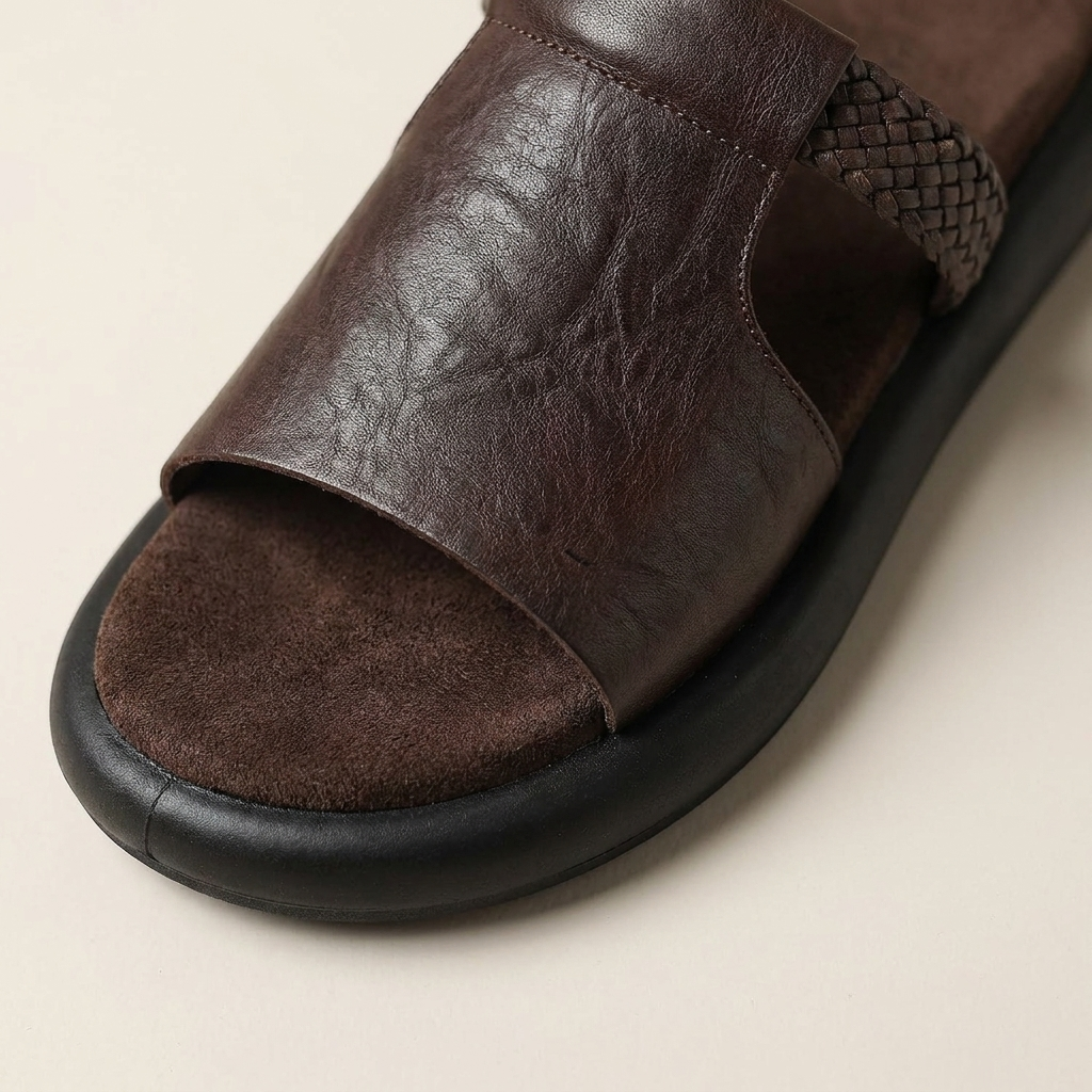 Mykonos Leather Slides — Brown, close-up upper and sole edge
