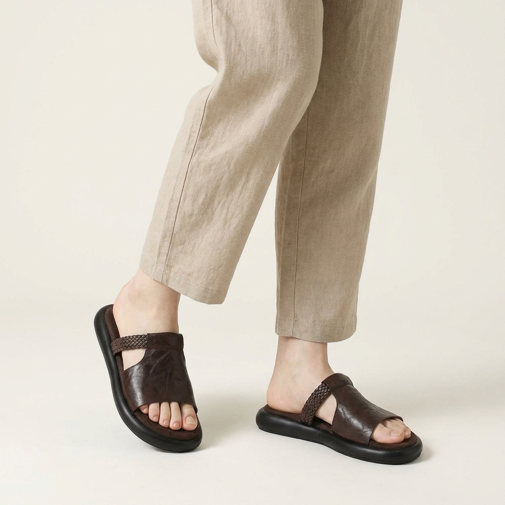Mykonos Leather Slides — Brown, knee-down studio model