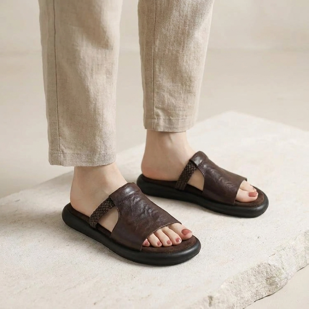 Mykonos Leather Slides — Brown, knee-down model pale stone