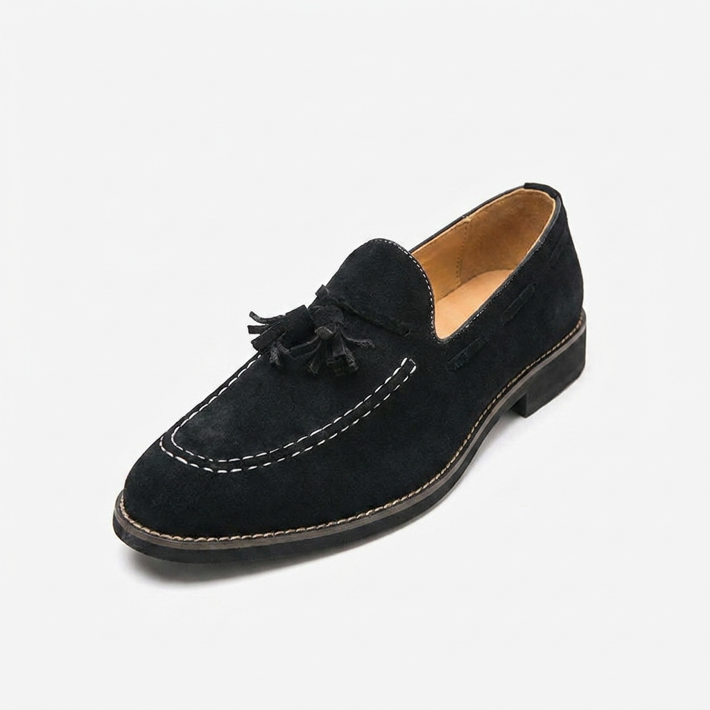 Cortona Suede Loafers — Black, front three-quarter studio view