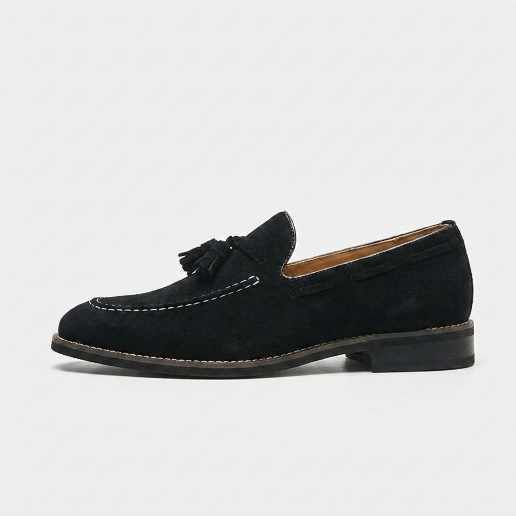 Cortona Suede Loafers — Black, side profile studio view