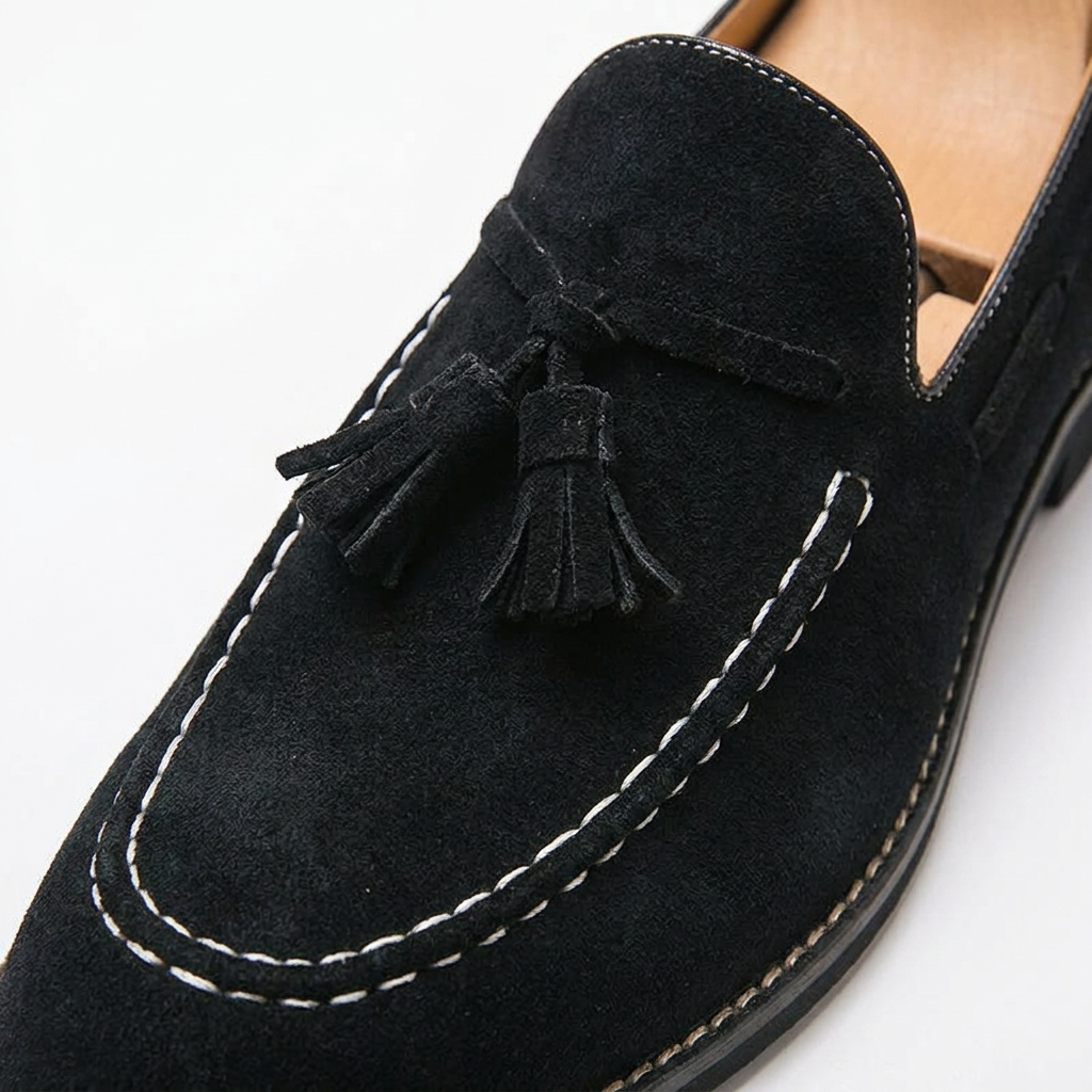 Cortona Suede Loafers — Black, close-up tassel and moc-seam