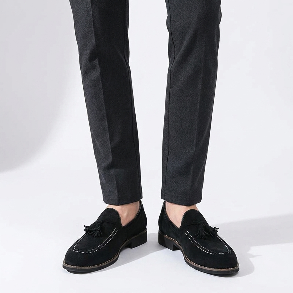 Cortona Suede Loafers — Black, knee-down studio male model