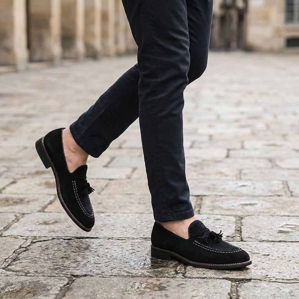 Cortona Suede Loafers — Black, knee-down lifestyle cobblestone