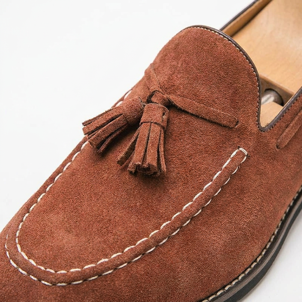 Cortona Suede Loafers — Cognac, close-up tassel and moc-seam