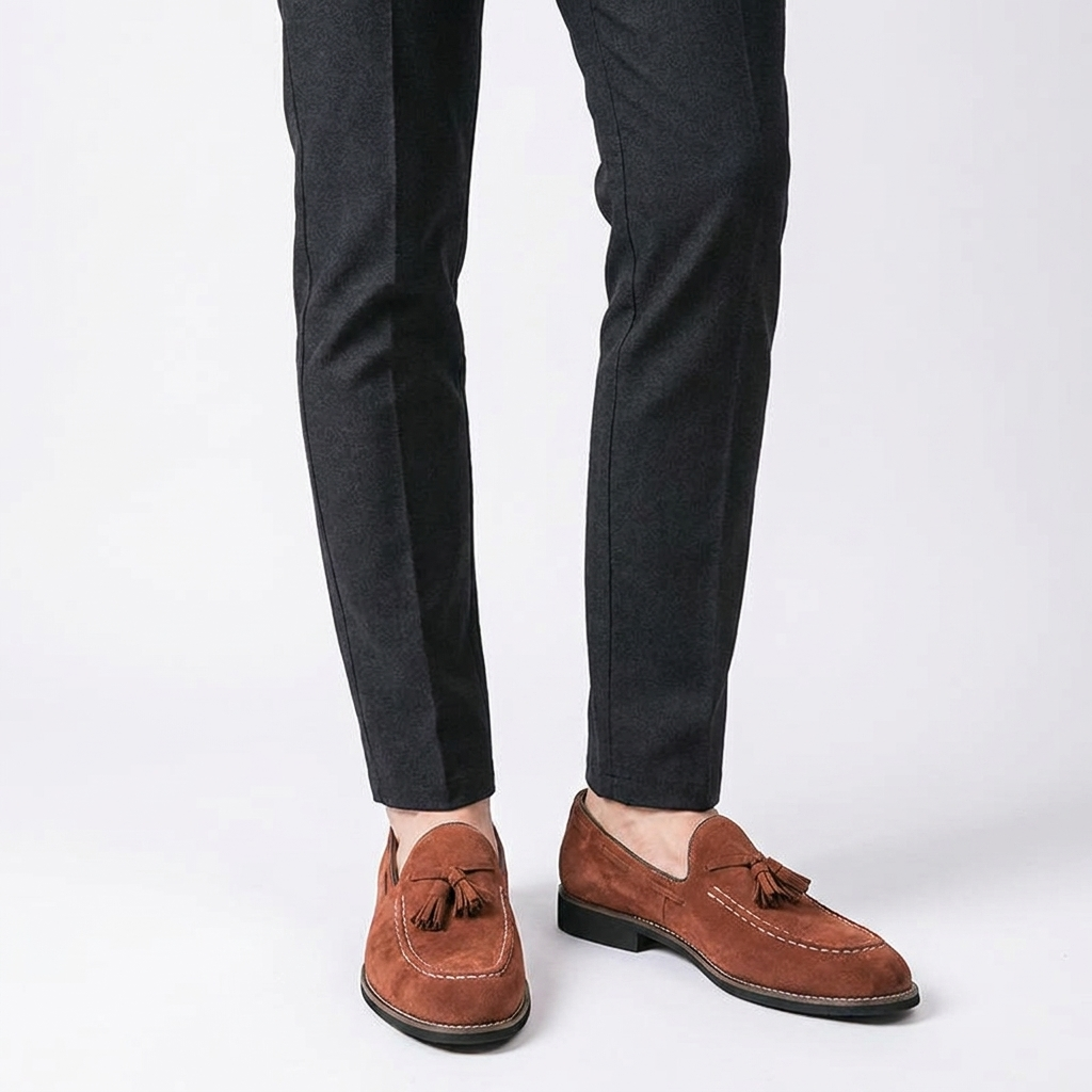 Cortona Suede Loafers — Cognac, knee-down studio male model