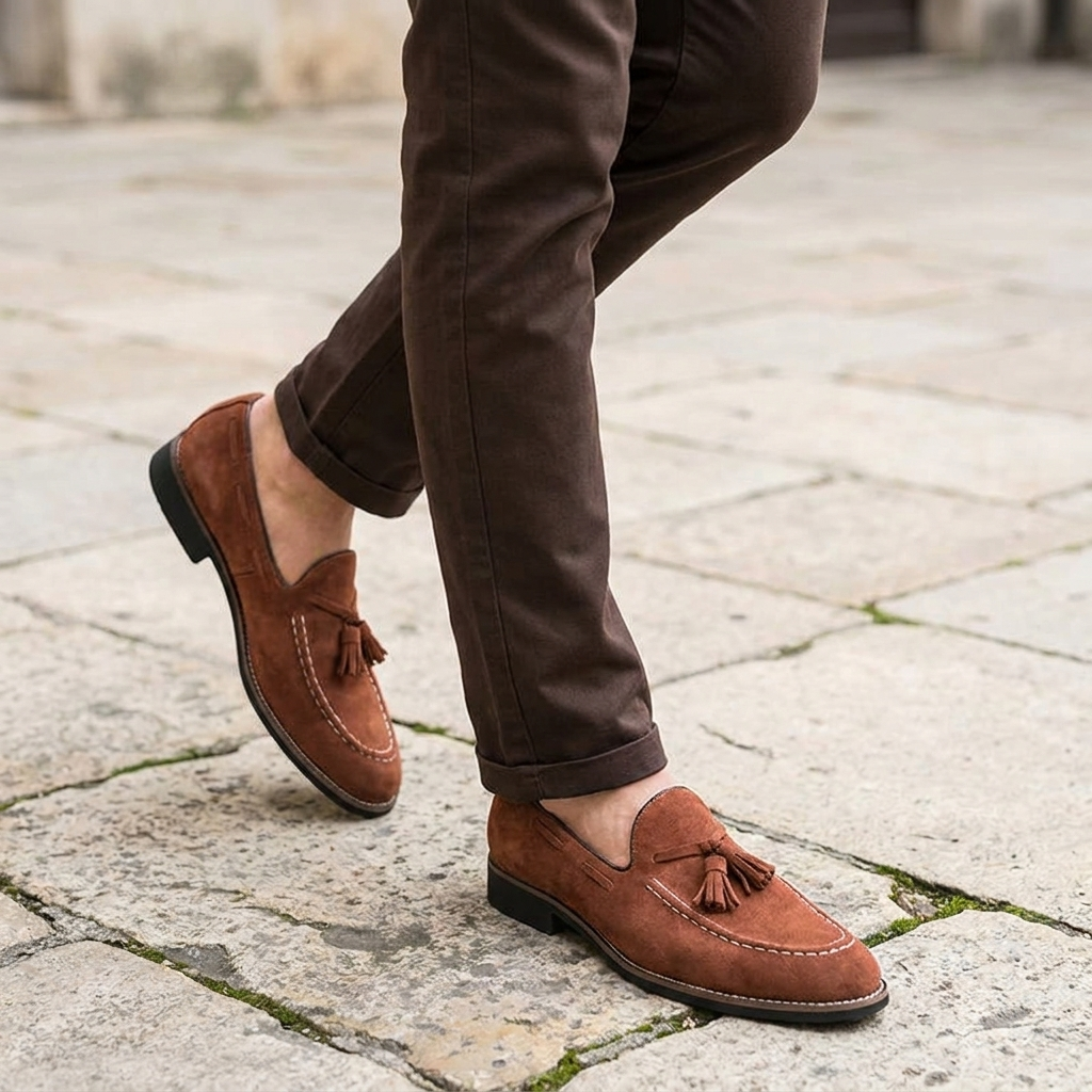 Cortona Suede Loafers — Cognac, knee-down lifestyle cobblestone
