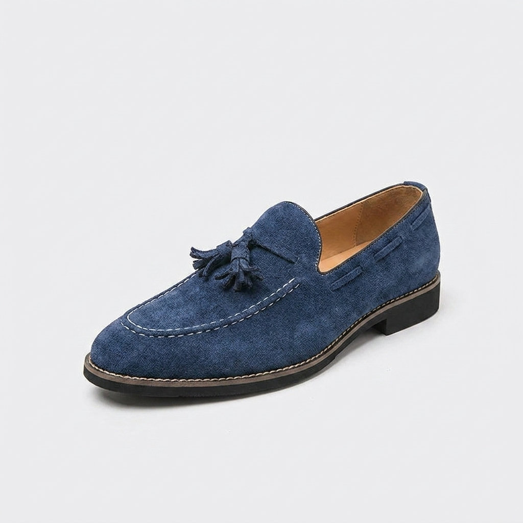Cortona Suede Loafers — Navy, front three-quarter studio view