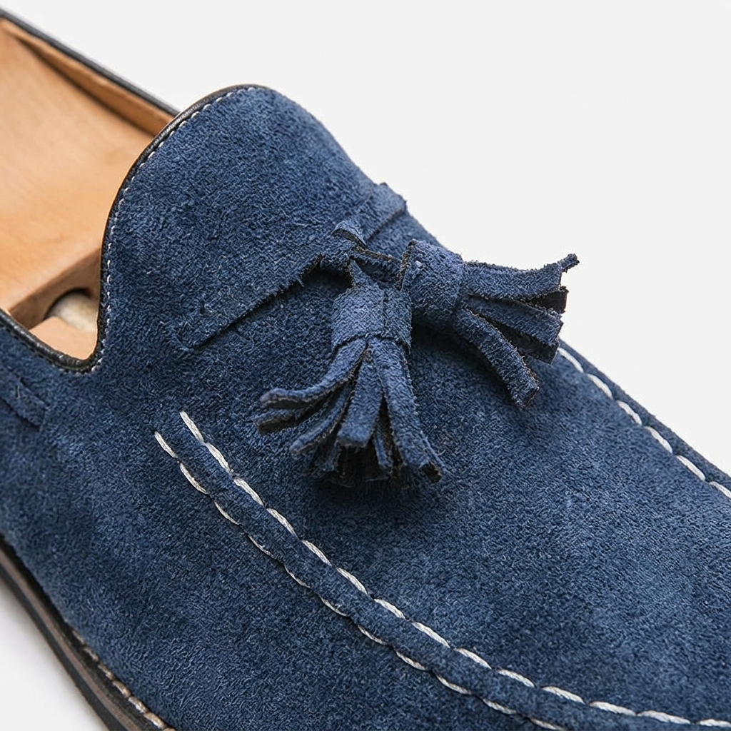 Cortona Suede Loafers — Navy, close-up tassel and moc-seam