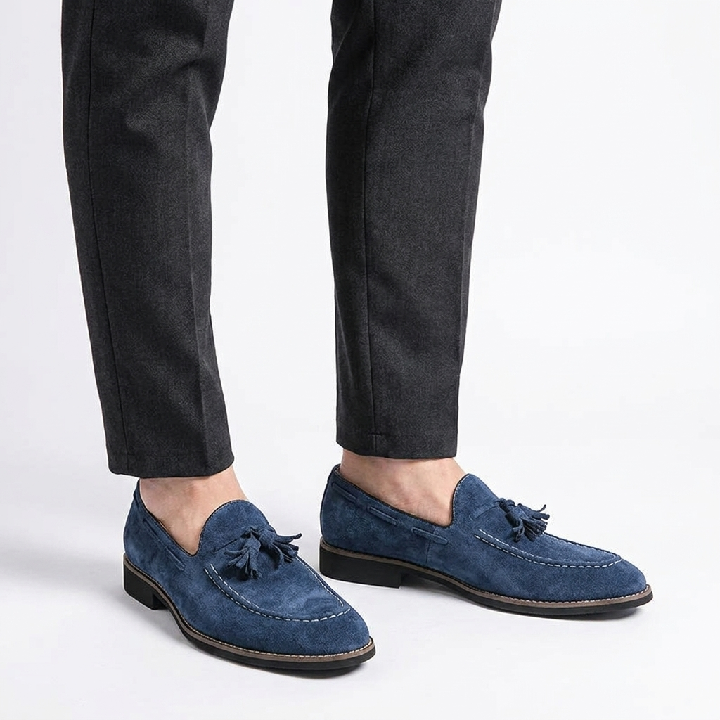 Cortona Suede Loafers — Navy, knee-down studio male model