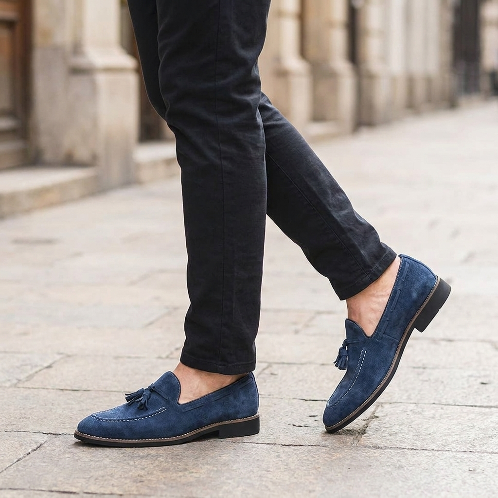 Cortona Suede Loafers — Navy, knee-down lifestyle cobblestone