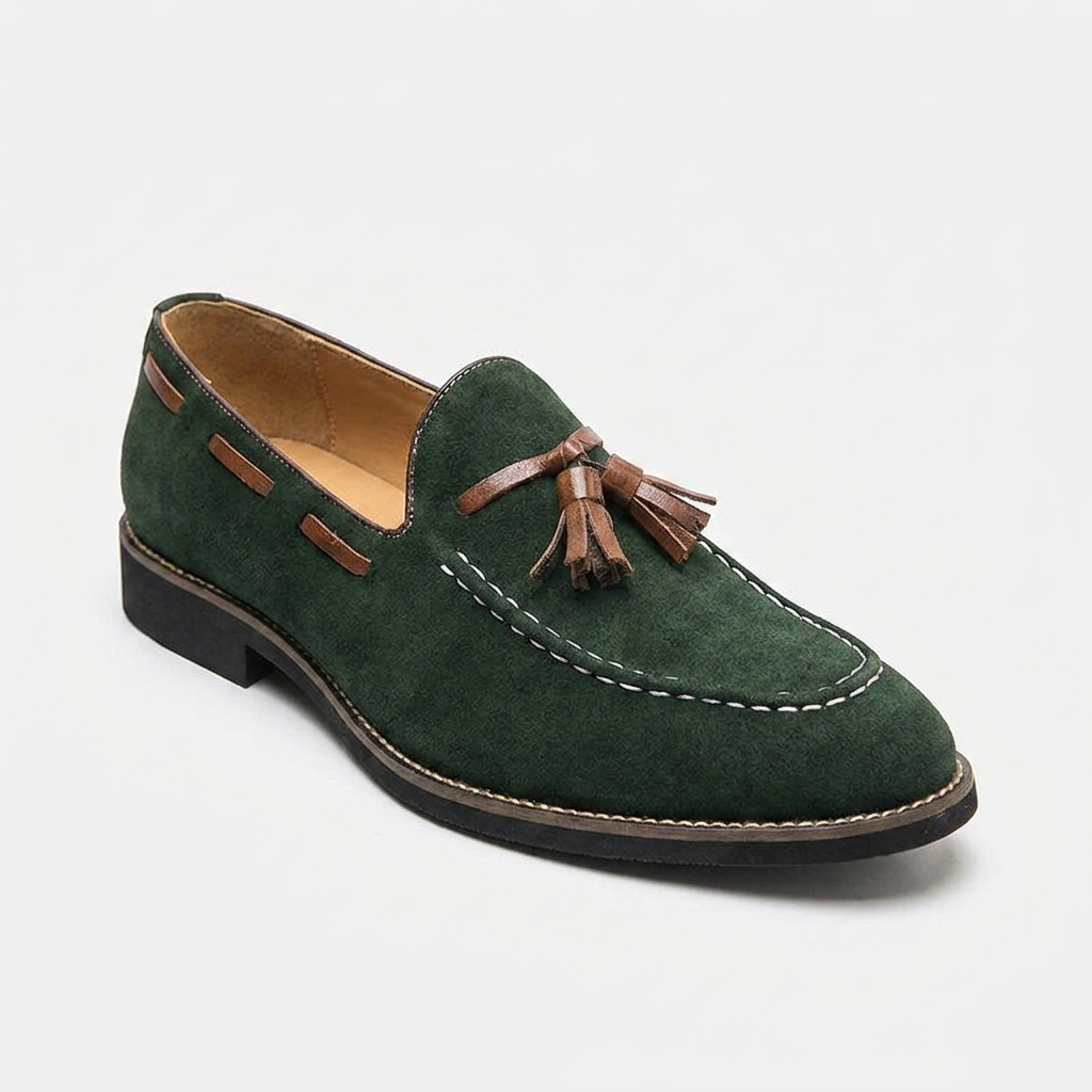 Cortona Suede Loafers — Forest, front three-quarter studio view